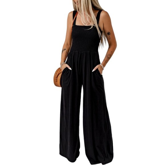 Black Smocked Sleeveless Wide Leg Jumpsuit with Pockets - Picture 2 of 16